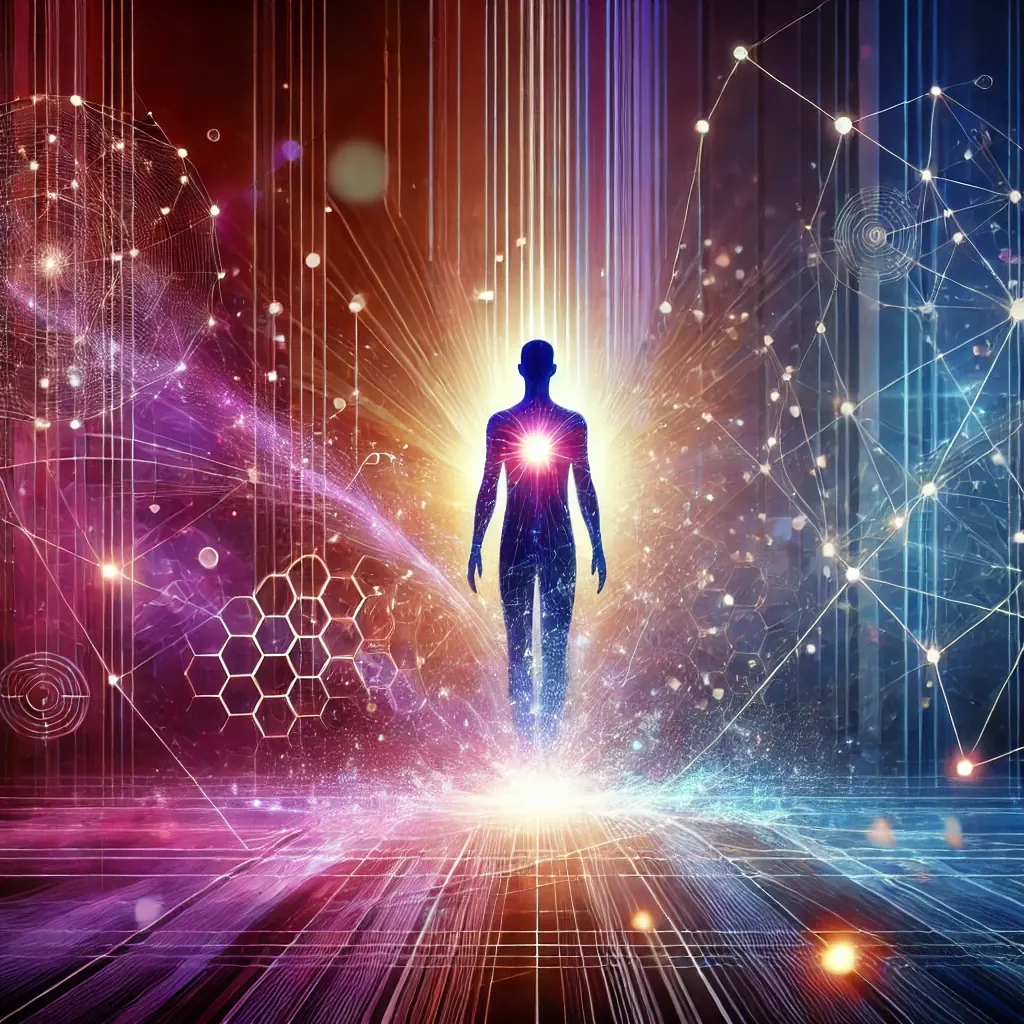 Persona avanzando hacia un horizonte de luz y redes digitales
